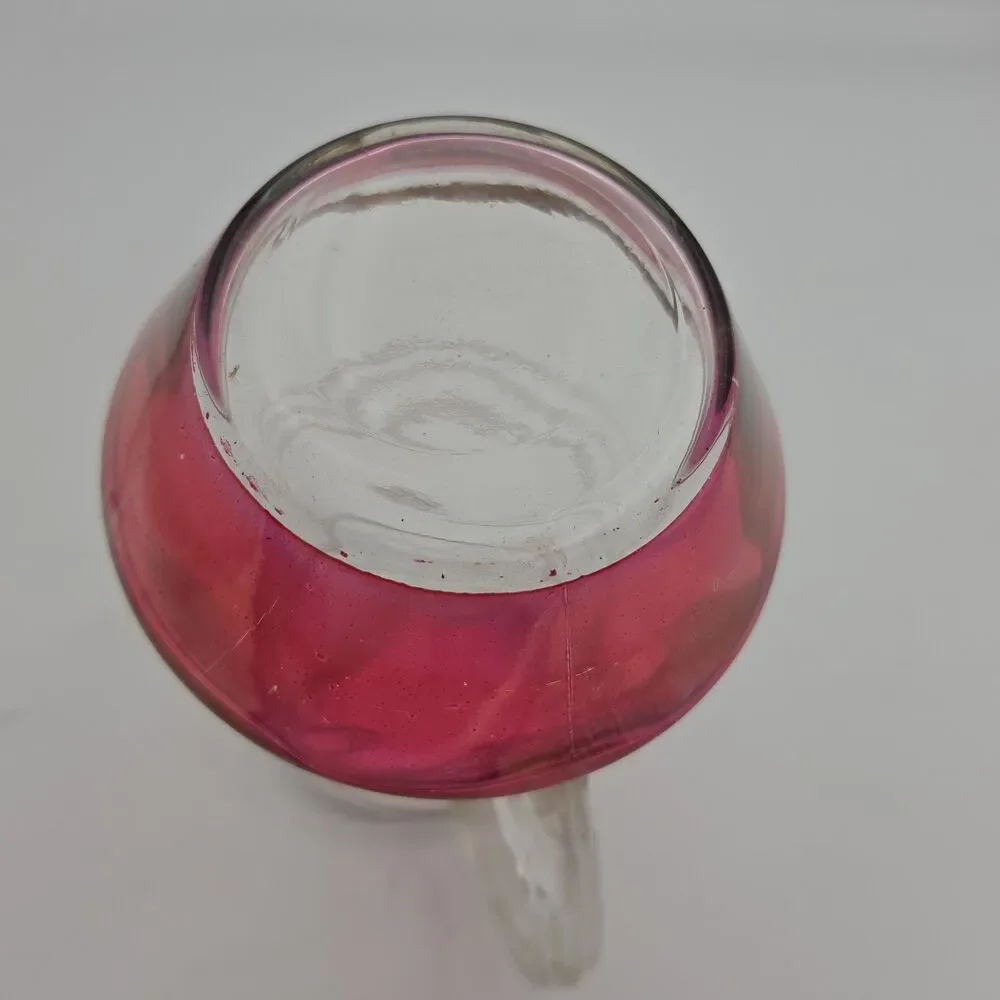 Vintage MCM Glass Pitcher Cranberry Iridescent Gold Rings Flat Pitcher Ice Lip